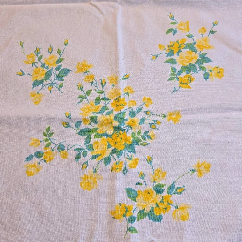 Vintage Floral Tablecloth 53x65 Yellow Roses Mid-Century Country Cottage Style